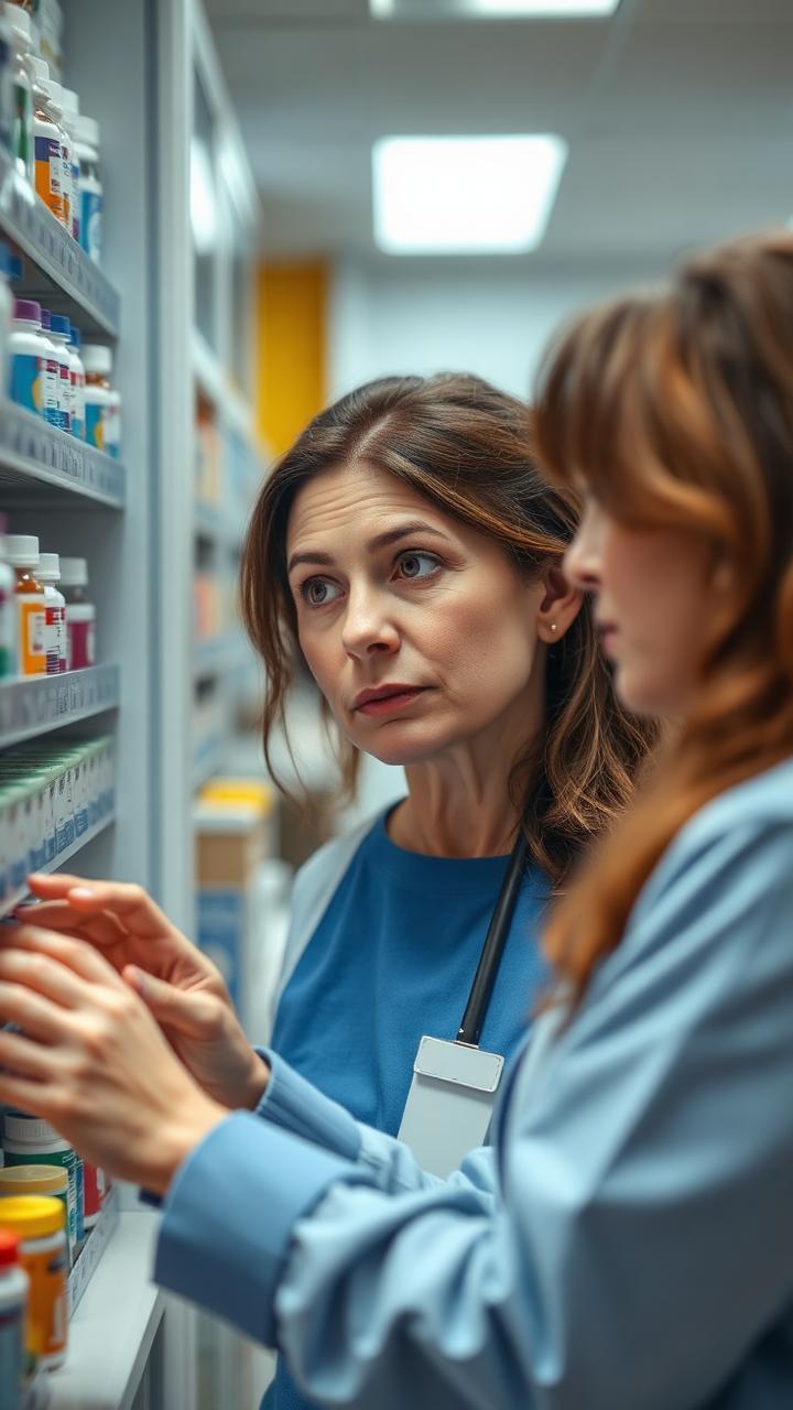 A 45-year-old American woman comparing GLP-1 medication options at a pharmacy counter.