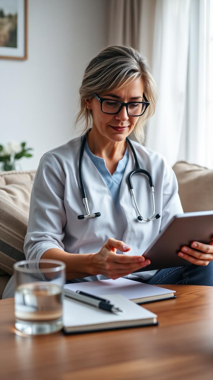 A 43-year-old American woman reviewing a treatment guide on a tablet at home.