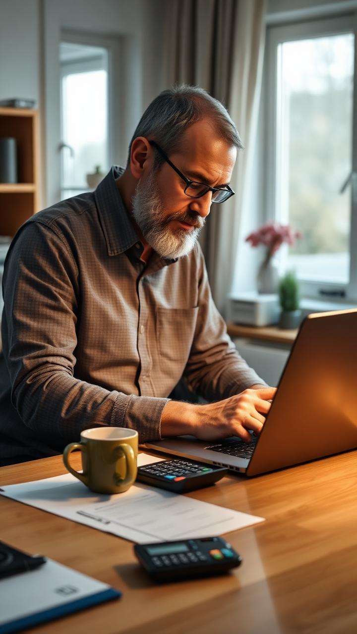A 43-year-old American man reviewing medication costs on a laptop with a calculator at his desk.