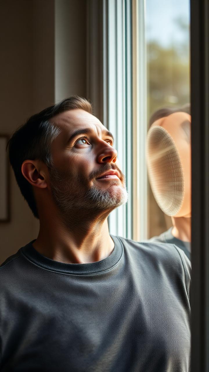 A 44-year-old American man looking thoughtfully through a bright window at home.