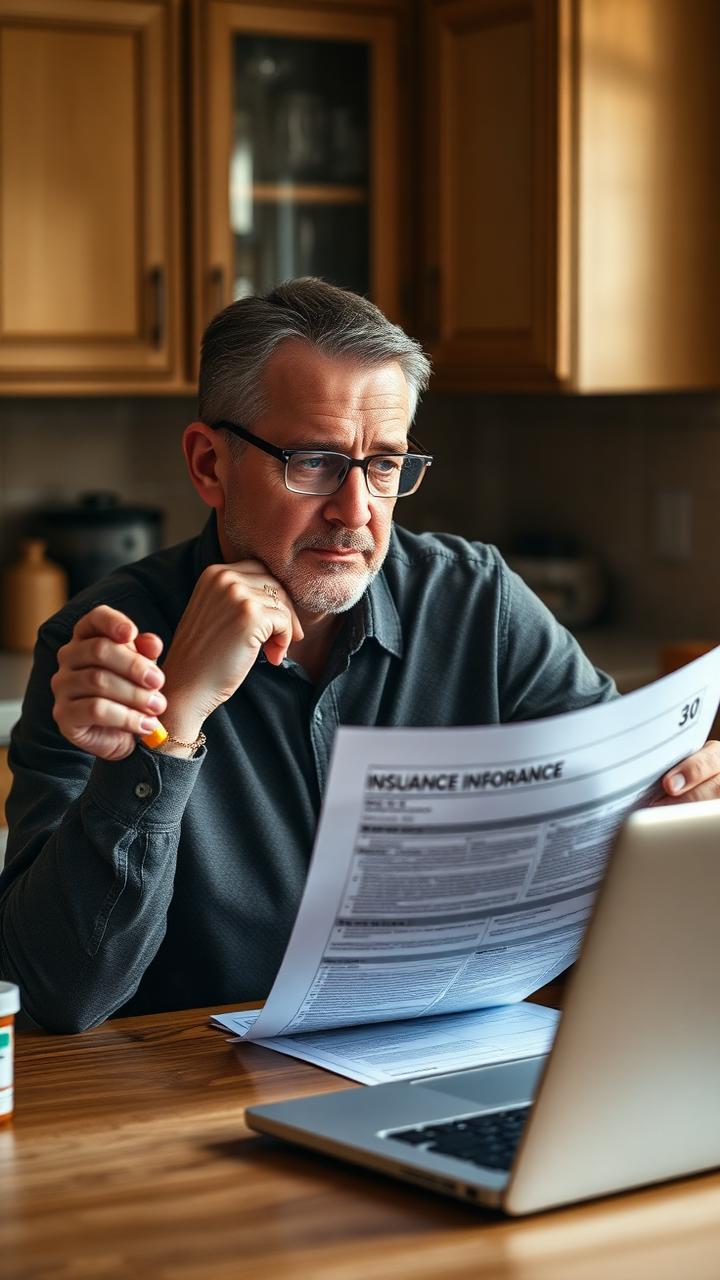 A 44-year-old American man reviewing insurance paperwork and a prescription bottle at his kitchen table.