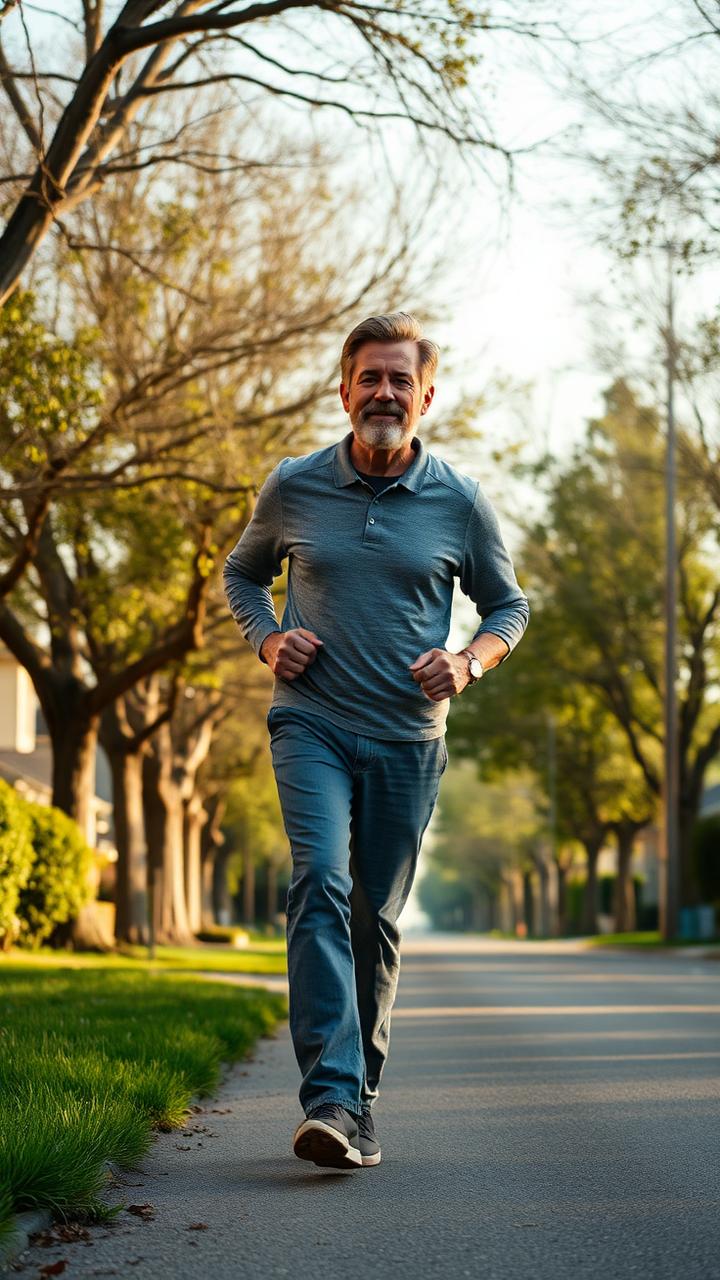 A 45-year-old American man walking on a tree-lined suburban street for daily exercise.