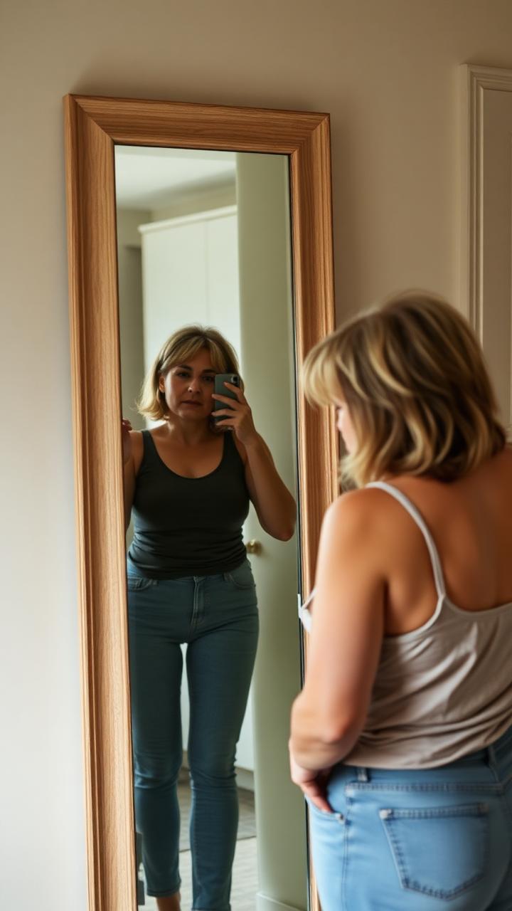A 43-year-old American woman quietly reviewing her progress in a full-length mirror at home.