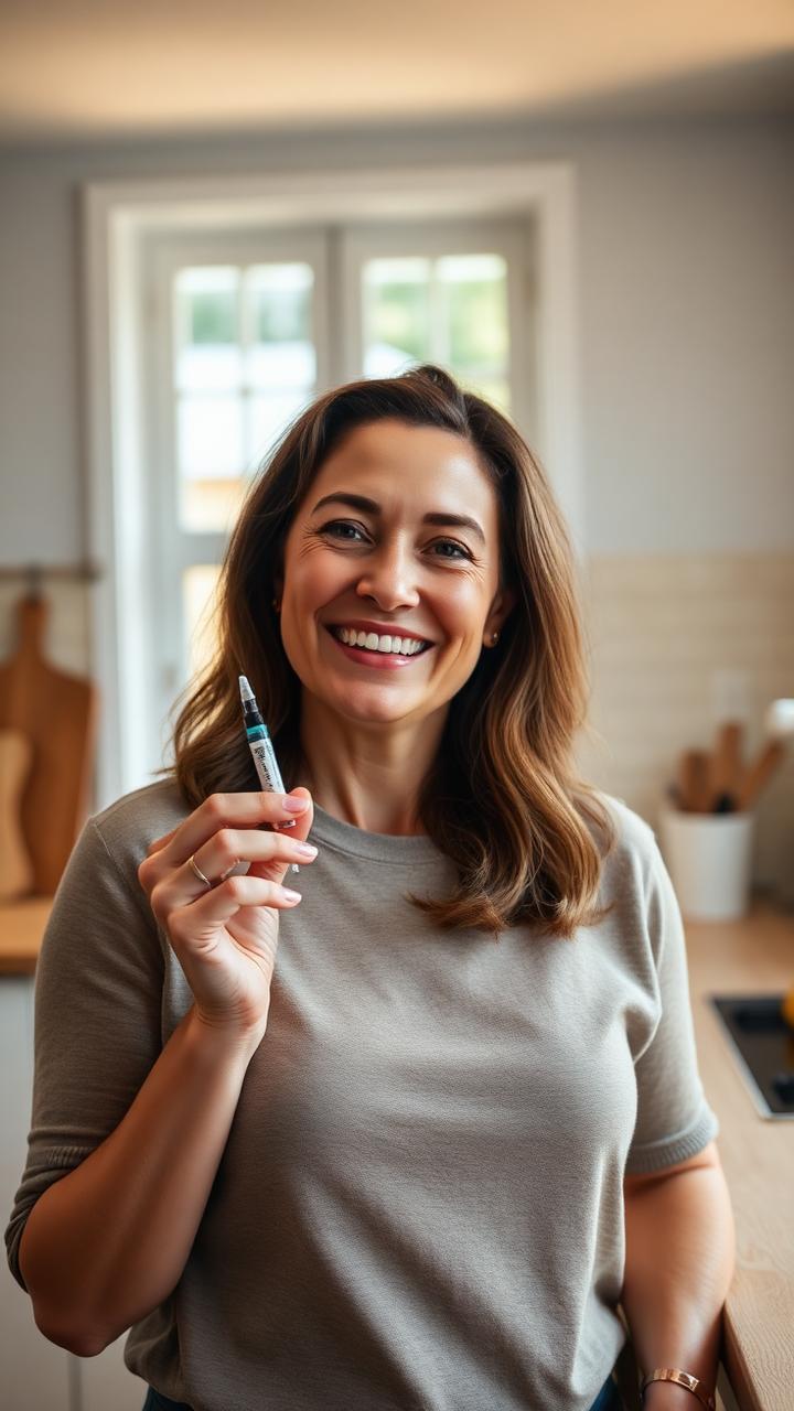 A 44-year-old American woman smiling while holding a GLP-1 injection pen in her kitchen.