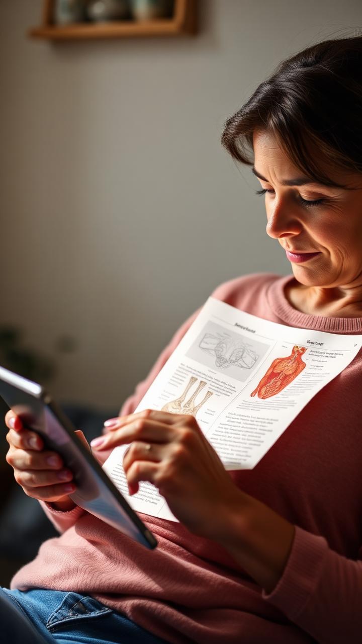 A 44-year-old American woman reading a science article on a tablet.