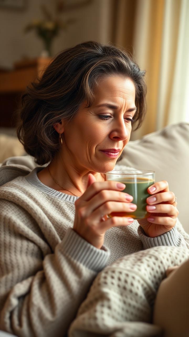 A 44-year-old American woman sipping tea on her sofa, wrapped in a blanket.