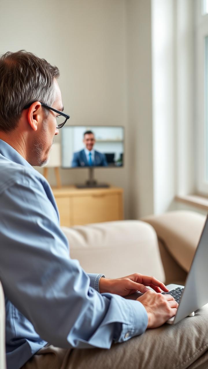 A 43-year-old American man on a telehealth video visit with a physician on his laptop.