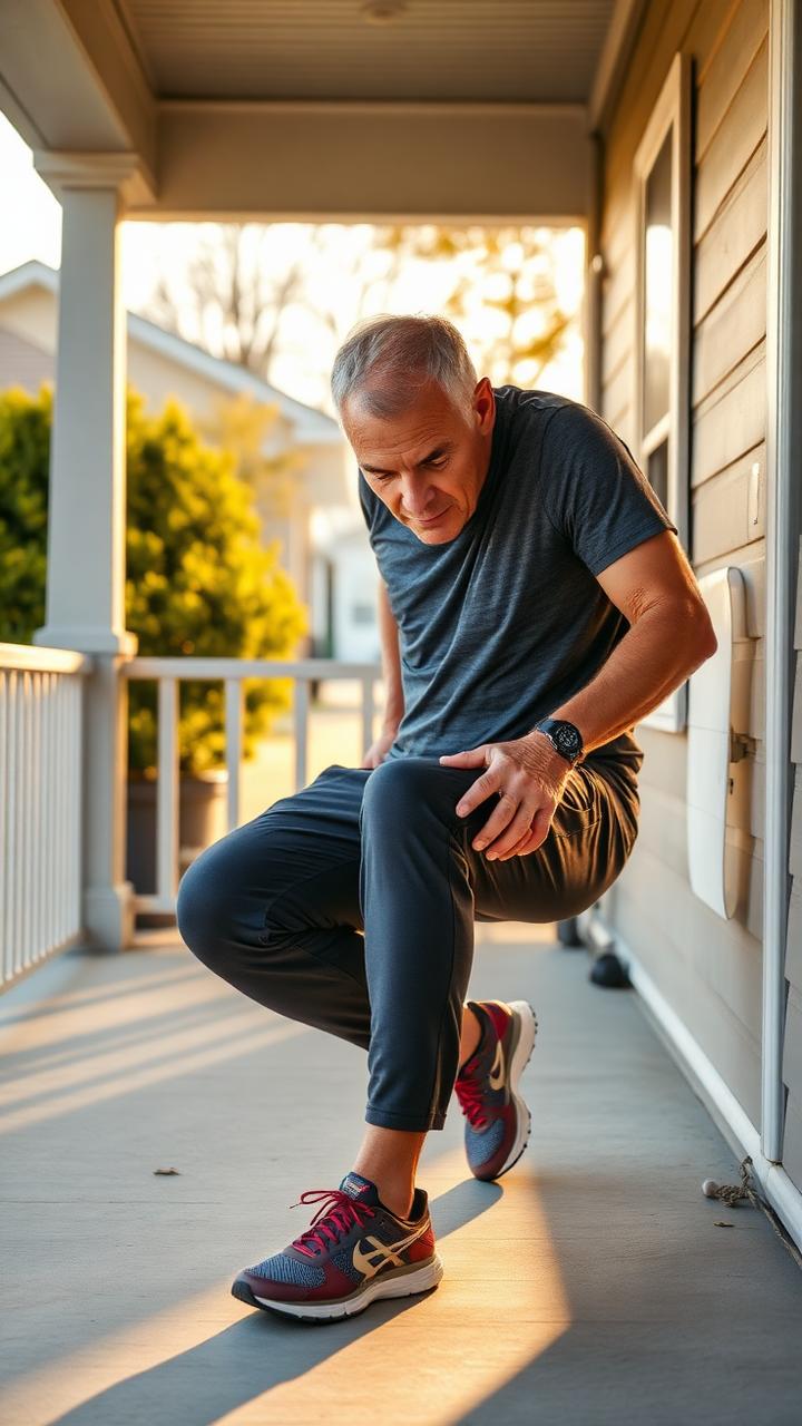A 45-year-old American man lacing up running shoes on his porch in morning light.