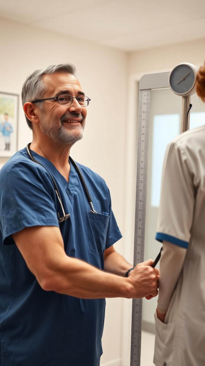 A 45-year-old American man being weighed at a clinic by a nurse.